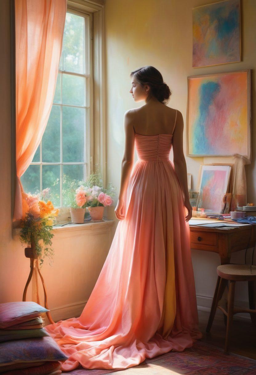 A colorful, dreamy scene depicting a young artist's studio filled with whimsical art pieces of teenagers blending innocence with allure. Soft lighting creates a warm atmosphere, while a partly open window lets in a gentle breeze that rustles delicate fabrics. In the foreground, a canvas shows a half-draped figure with an ambiguous expression, symbolizing the tension of seduction and innocence. Merging vibrant colors with soft pastels for an emotive touch. painting. vibrant colors. whimsical style.