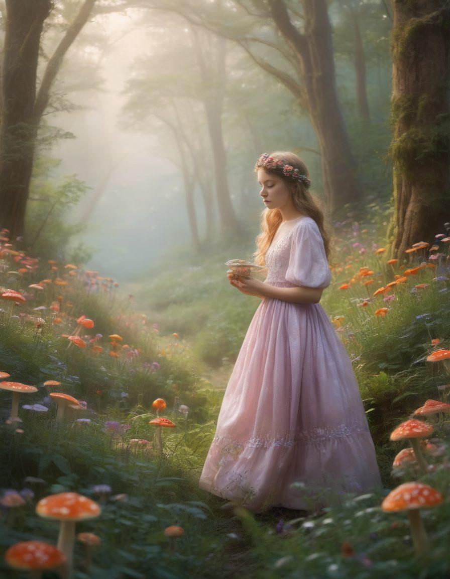A dreamy landscape featuring a mystical forest shrouded in ethereal mist, where young teenagers in unique, vibrant outfits pose playfully among wildflowers and glowing mushrooms. Their expressions convey a sense of adventure and curiosity as they explore the beauty around them. The scene should evoke a sense of enchantment and wonder, capturing the essence of 'forbidden beauty.' soft pastel colors. whimsical. super-realistic.